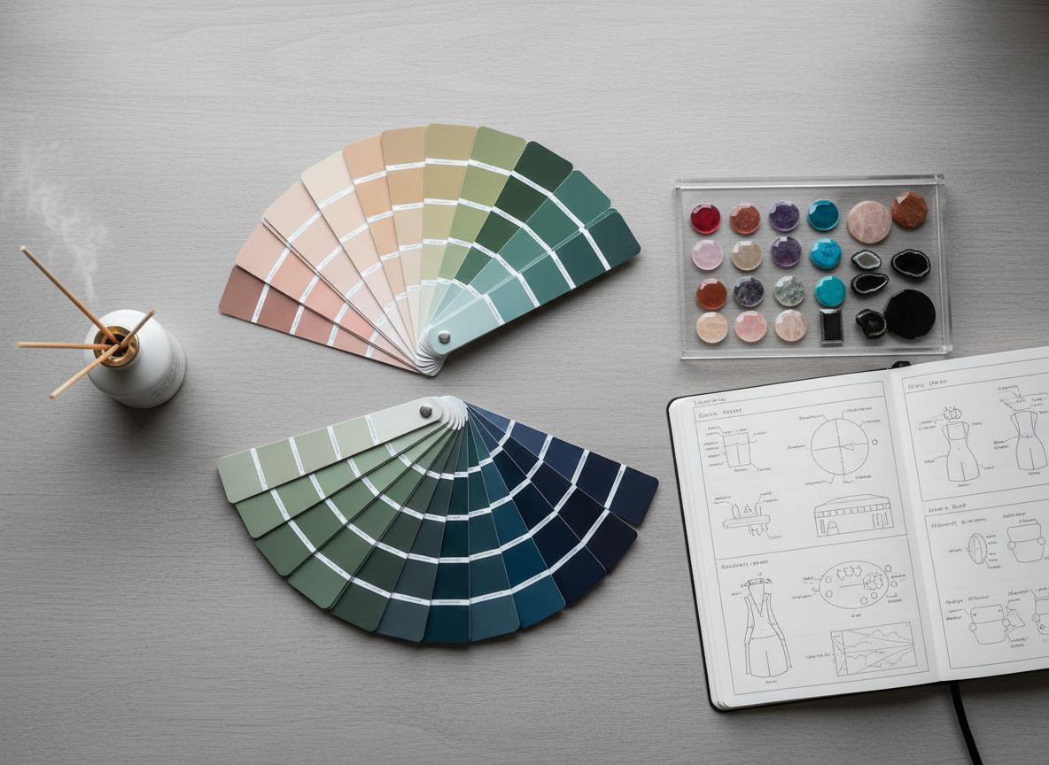 A minimalist color analysis toolkit—sleek, matte-finish color fan decks in carefully graduated shades from soft taupe to elegant navy—arranged geometrically beside a refined, clear acrylic tray holding polished gemstone color chips and an open colorimetry notebook. The tools rest on a smooth, light grey wooden surface, flanked by a slender reed diffuser emitting a subtle, calm presence. Muted, overcast daylight from a nearby window produces diffused, even illumination with hardly-there shadows and subtle reflective gradients over the color samples. Captured from a top-down perspective in sharp focus, the mood is orderly and sophisticated with a sense of curated calm, reflecting both minimalist and photographic aesthetics. The image visually articulates the precision and expertise involved in professional color analysis, reinforcing the site’s credibility.