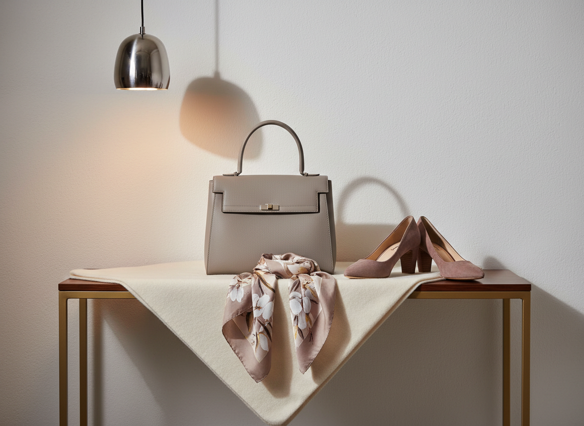 A refined still life of carefully coordinated accessories—a sleek matte leather handbag in dove grey, a silk scarf in understated taupe with delicate hand-painted motifs, and a pair of classic low-heeled pumps in muted mauve, arranged on a soft cashmere throw in a modern, minimalist entryway. The setting includes a lightly textured, off-white wall and a slim, gold-accented console table. Warm, diffused overhead pendant lighting creates gentle highlights and crisp yet subtle shadow lines, enhancing the understated luxury. Shot at eye-level with a slightly off-center composition, the image emphasizes sophisticated balance and minimalist grace, in line with photographic realism. This setup exemplifies the finishing touches that elevate personal style through carefully chosen color and detail, reflecting the site’s philosophy.